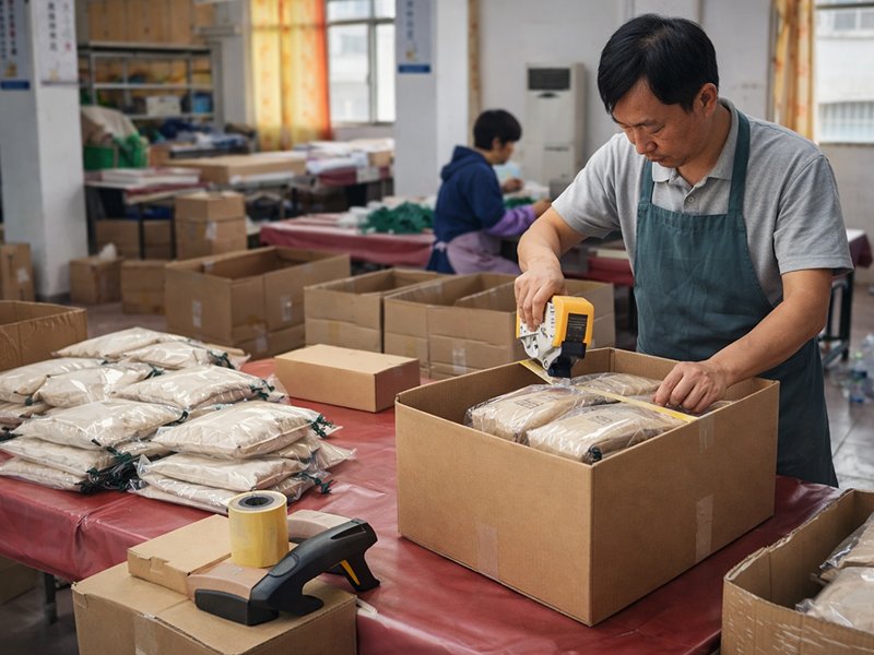 Workers packing finished bags into cartons for shipment
