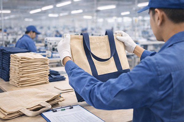 Worker inspecting fabric tote bag during quality control process in custom bag factory