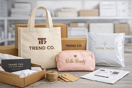 Custom bag product set including tote bag, cosmetic pouch, packaging boxes and mailer bag for e-commerce brands