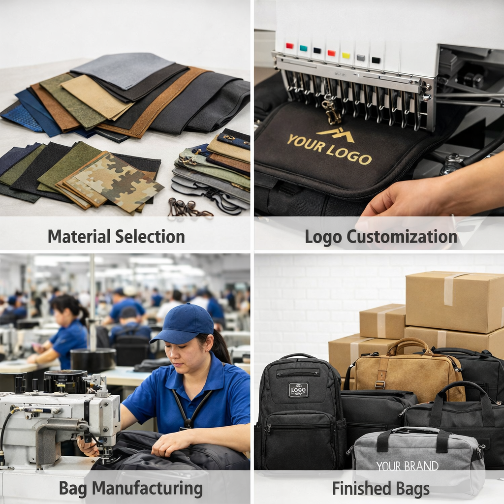 OEM and private label bag manufacturing process including material selection, logo customization, production and finished bags