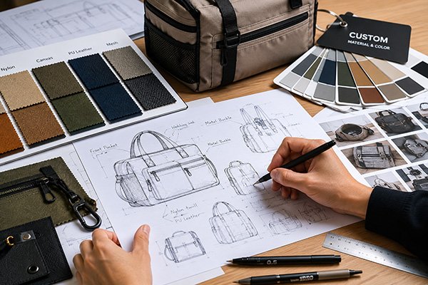 Custom bag product development process with material swatches and sampling support