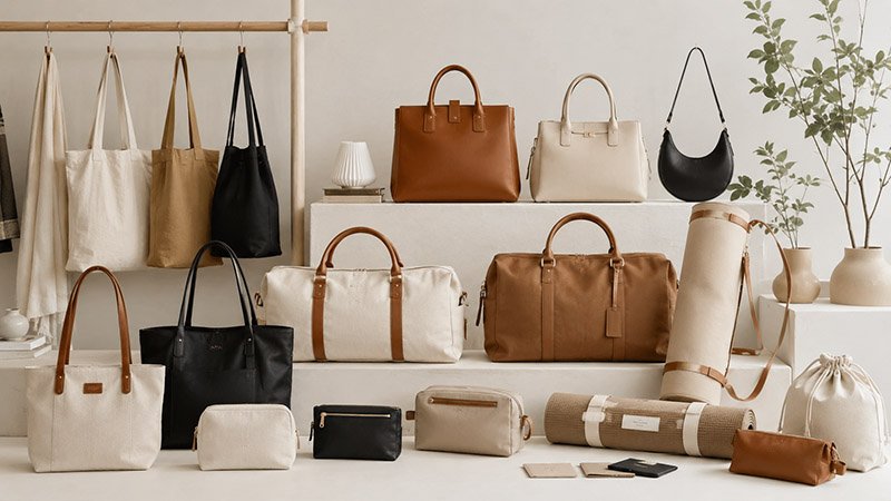 Collection of fabric tote bags, leather handbags, travel bags, yoga bags, and cosmetic bags for custom wholesale