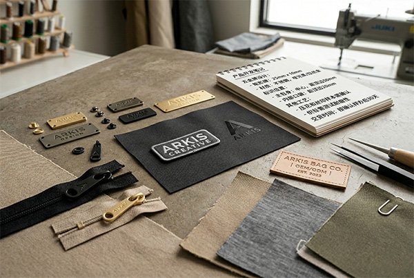 Custom bag logo applications, zipper hardware, embroidery and branding details