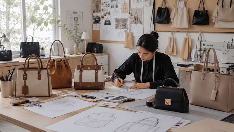 Designer working in a custom bag sample room with handbags, tote bags, and bag design sketches