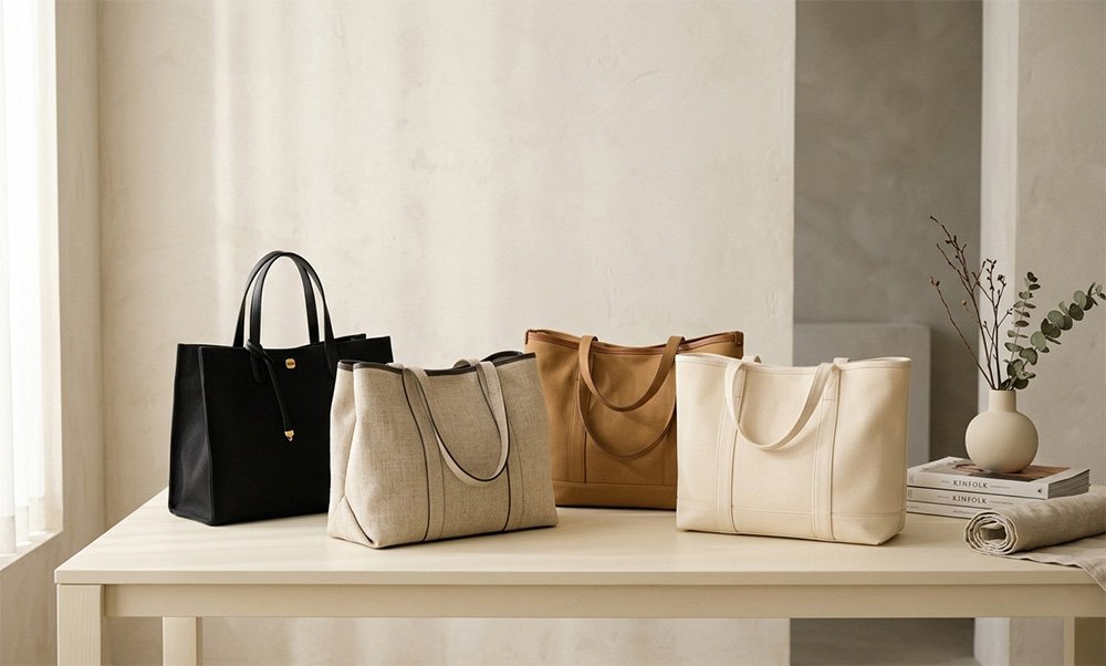 Elegant fabric tote bags in beige, black, and camel colors displayed in a minimalist studio for custom bag manufacturing