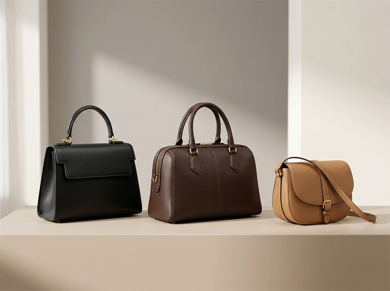 Premium leather handbags in black, brown, and camel colors displayed in a modern minimalist studio
