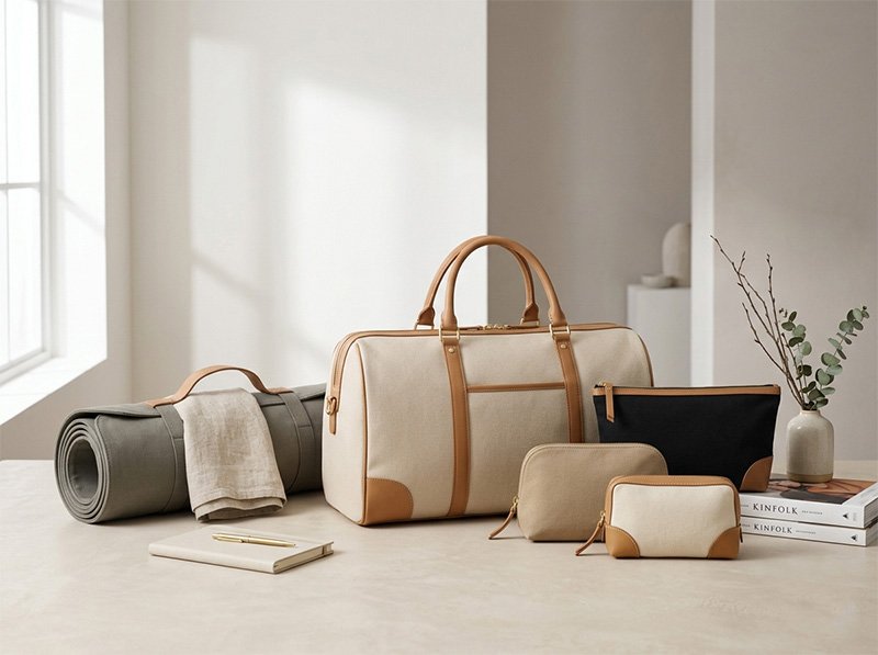 Travel bags, yoga bags, and cosmetic pouches displayed in a modern neutral-tone studio setting