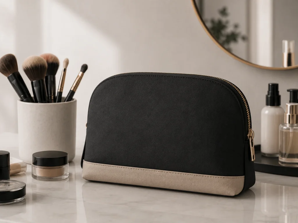 Cosmetic bag on vanity table with makeup brushes and bottles