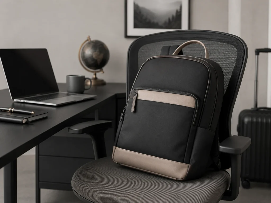 Functional backpack on office chair with laptop and travel accessories