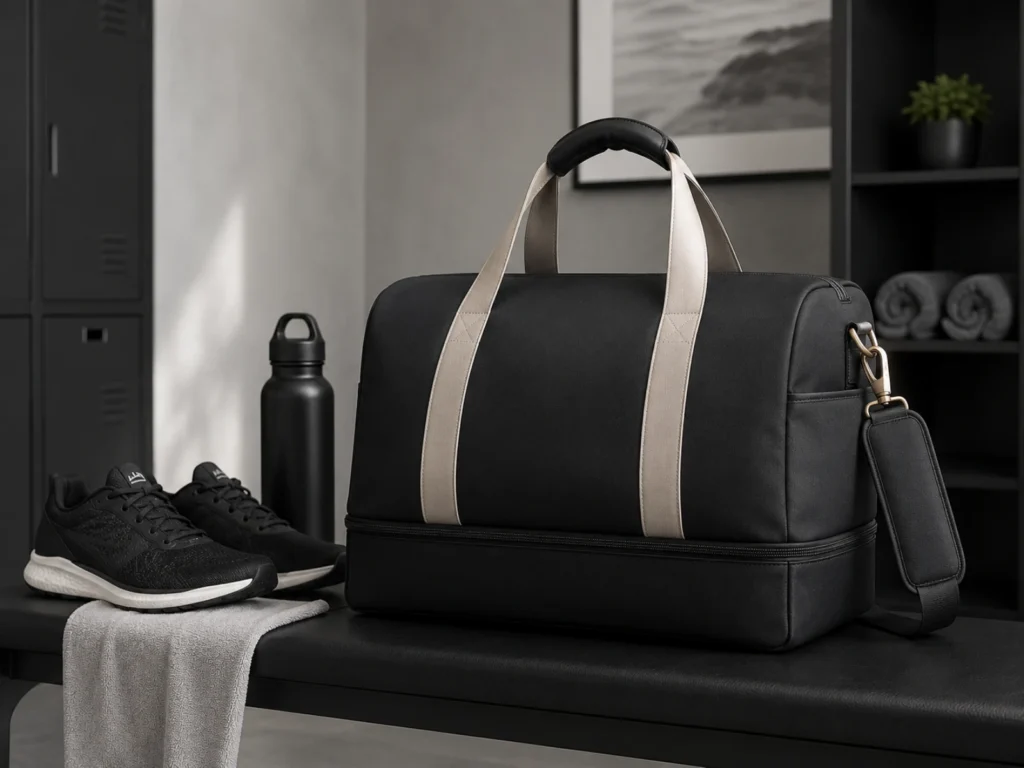 Functional duffel bag on travel bench with gym shoes and water bottle