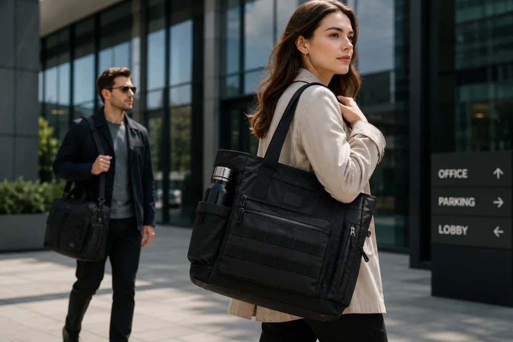 Custom functional tote bag for business commuting with multiple pockets, laptop compartment and water bottle holder