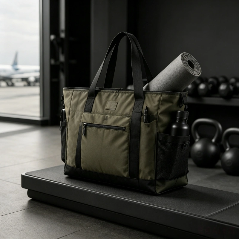 Functional gym tote bag with shoe compartment and water bottle pocket