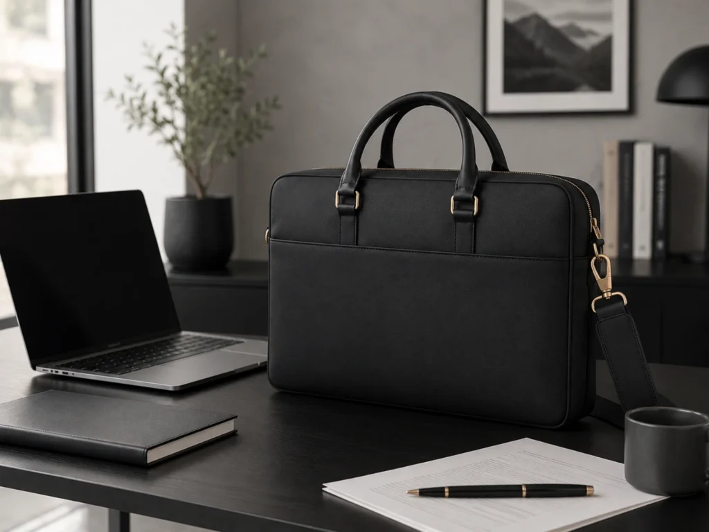 Slim laptop bag on modern workspace with open laptop and documents