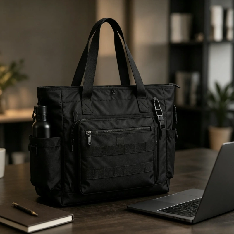 Custom laptop tote bag with padded laptop compartment and multiple storage pockets