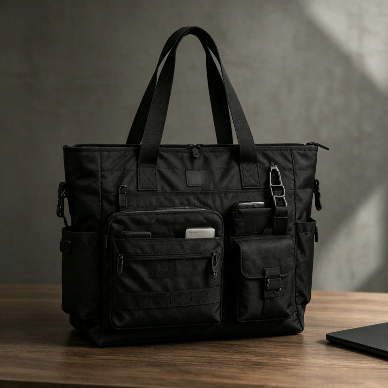 Multi-pocket tote bag with organized storage compartments and functional design