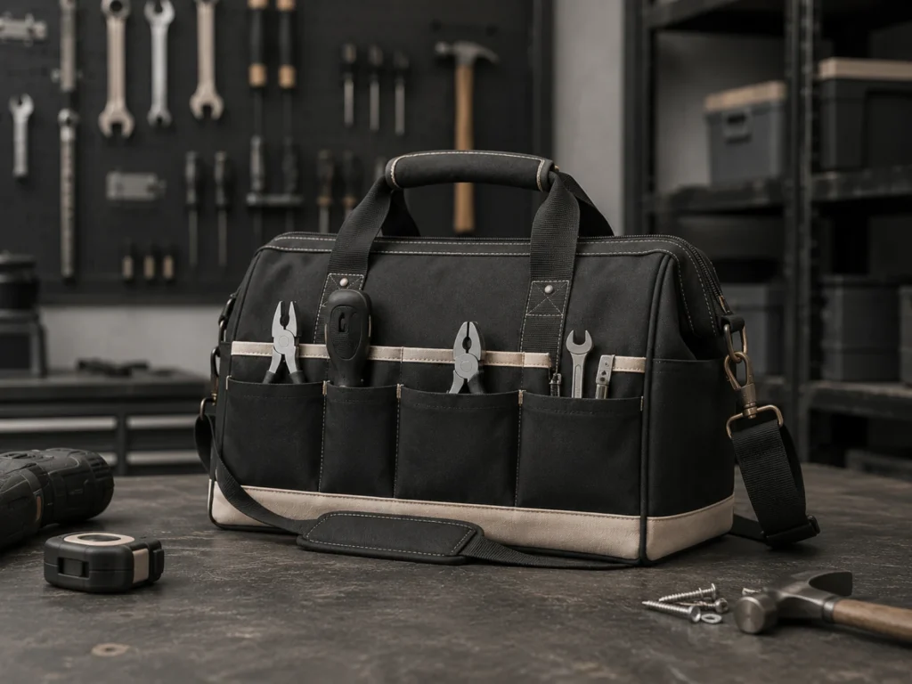 Heavy-duty tool bag on industrial workbench with tools
