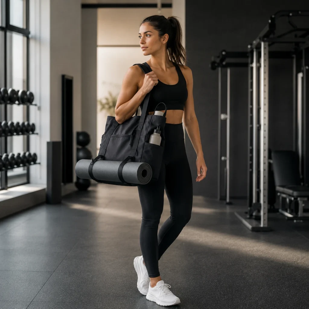 Athlete carrying a functional tote bag in a modern fitness environment