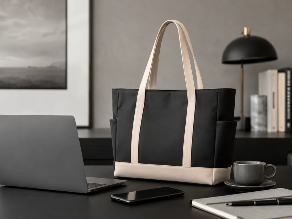 Functional tote bag on modern desk with laptop, smartphone, coffee cup