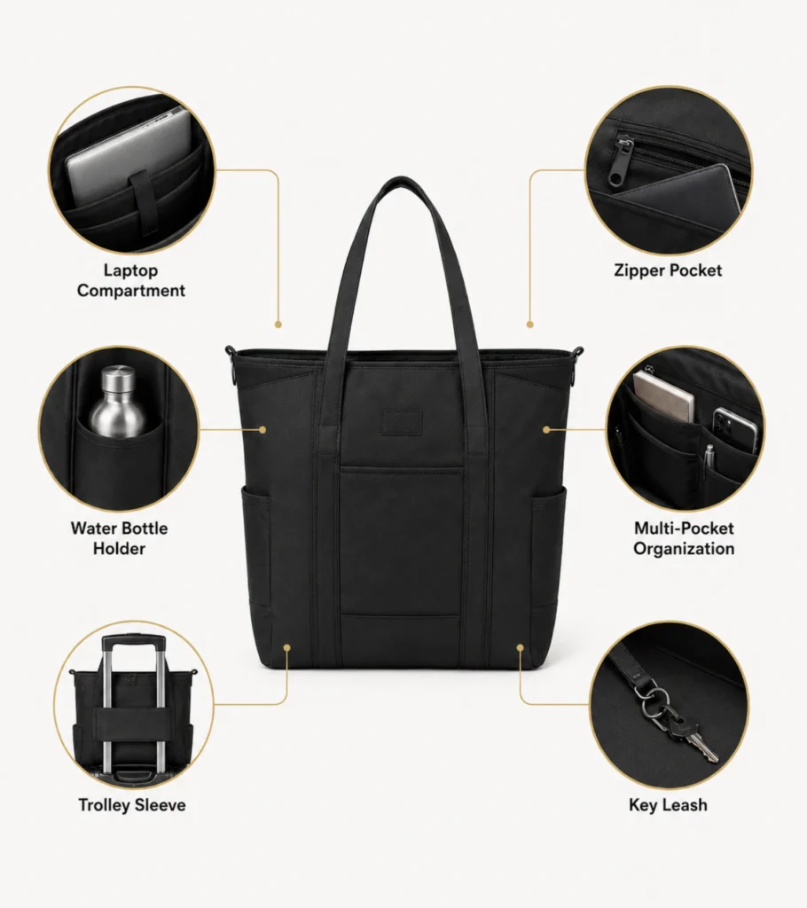 Functional tote bag customization overview with laptop compartment, zipper pocket, trolley sleeve, water bottle holder and organized storage features