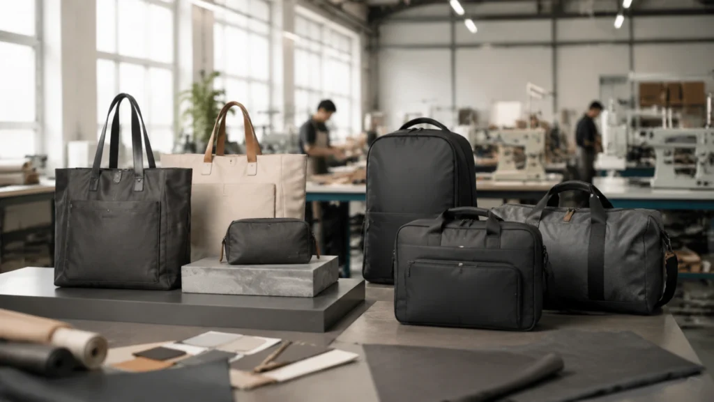 Modern B2B custom bag manufacturing workspace with functional tote bags, backpacks, duffel bags, and laptop bags displayed on minimalist tables in a clean industrial studio with natural daylight.