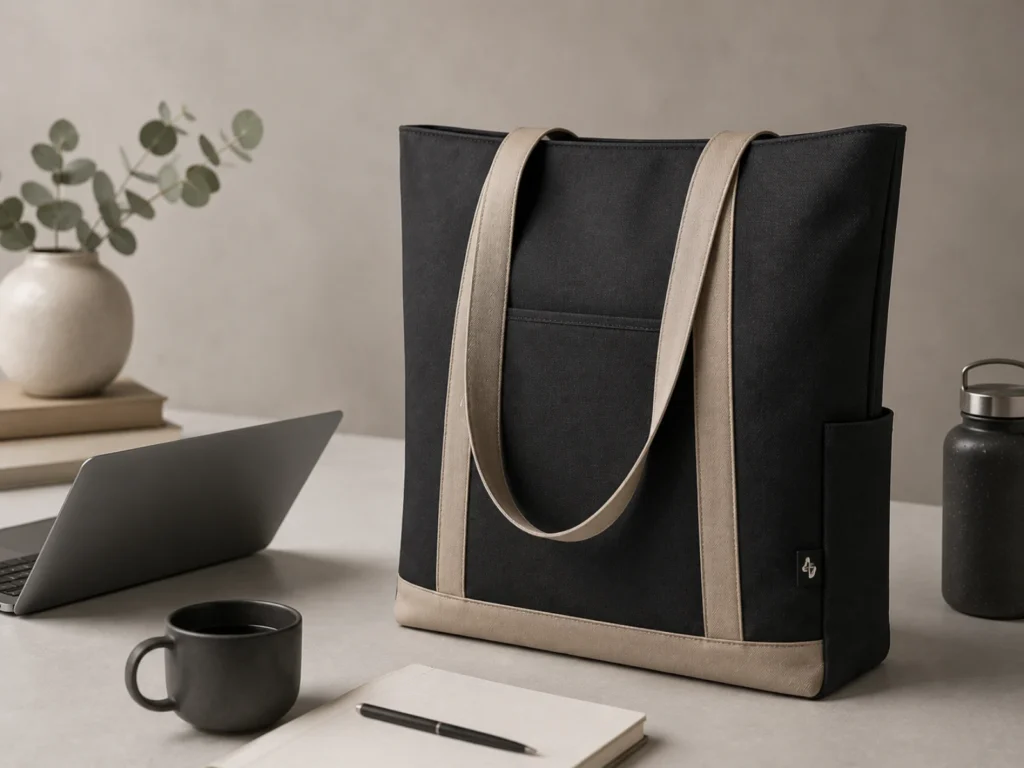RPET tote bag made from recycled materials with laptop and coffee cup