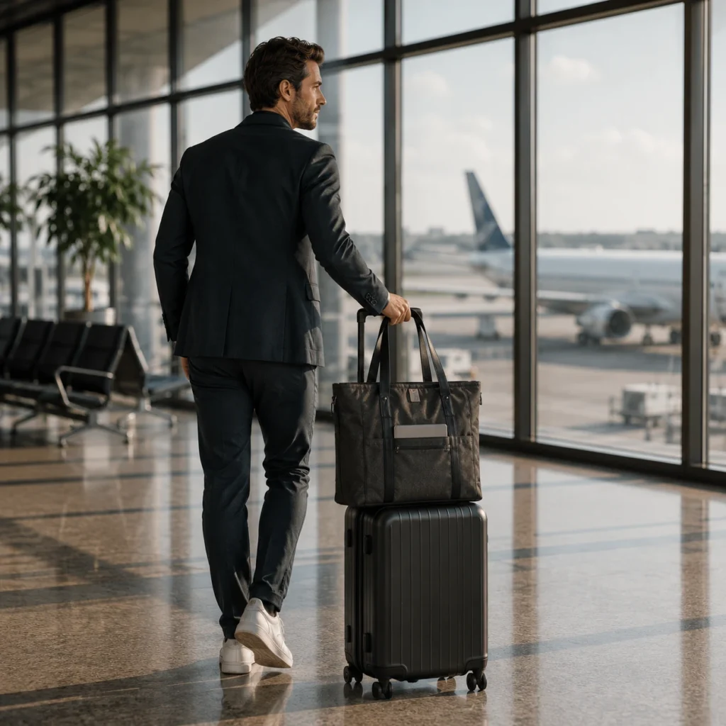 Business traveler carrying a functional tote bag at an airport terminal