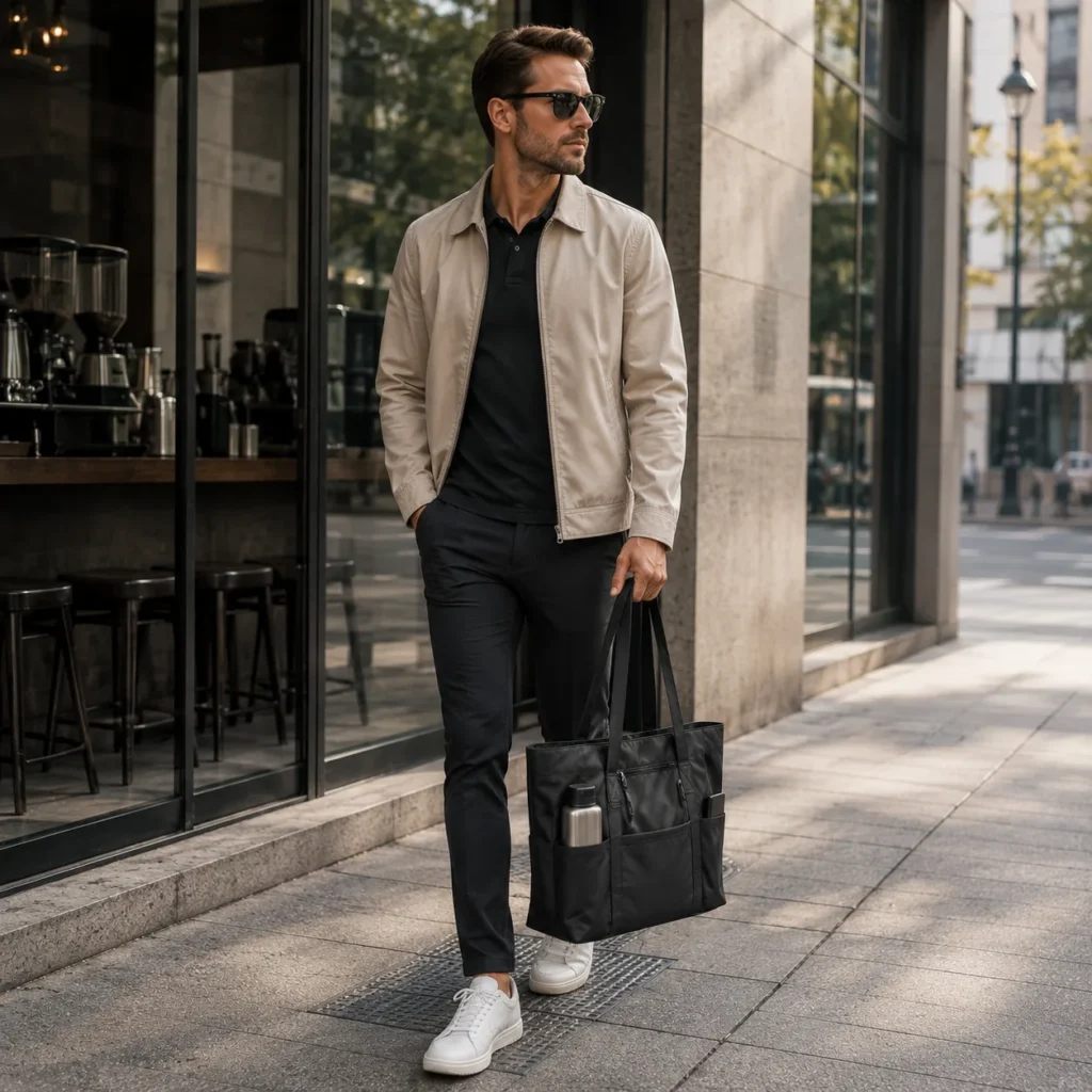 Urban commuter carrying a functional tote bag in a city environment