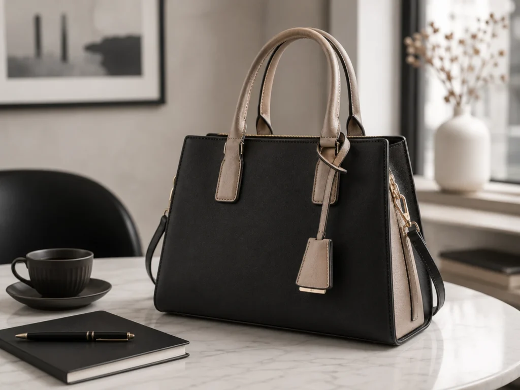 Elegant women's handbag on chic office or café table