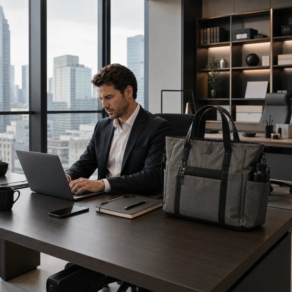 Professional using a functional tote bag in a modern office workspace