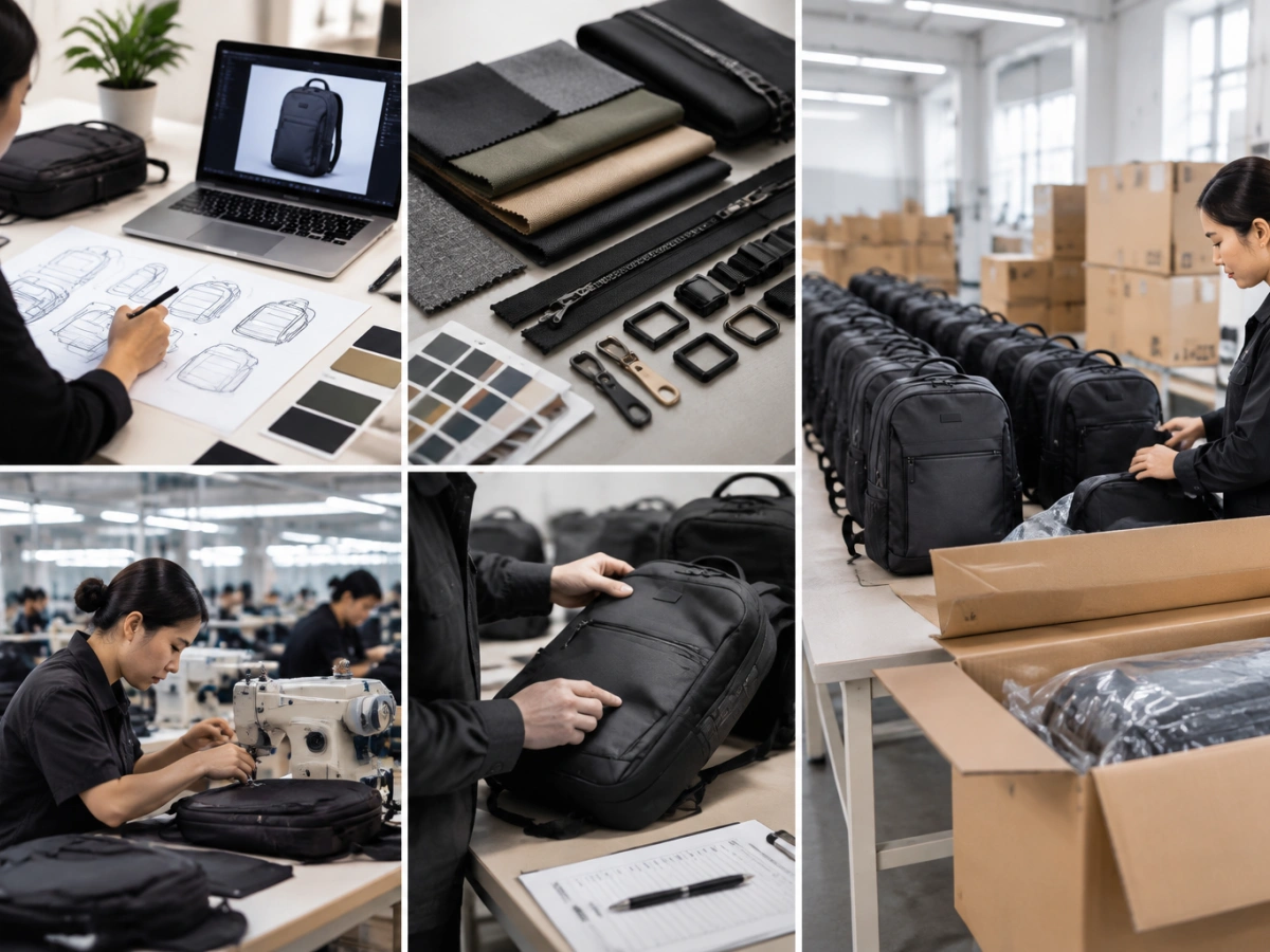 Custom backpack manufacturing process from design and material selection to production and quality inspection