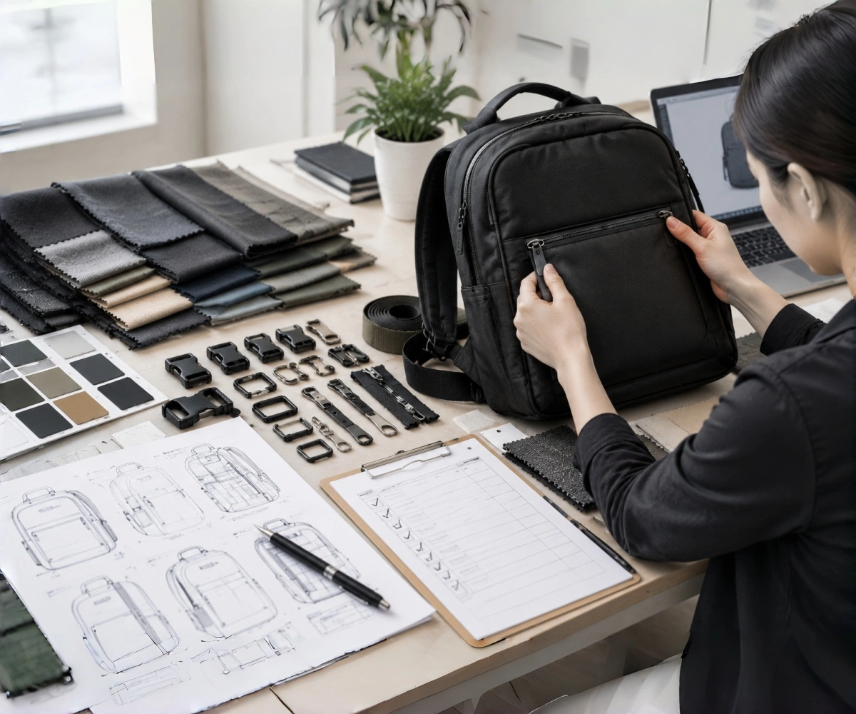 Custom backpack materials and quality control process with fabric samples, hardware accessories and product inspection