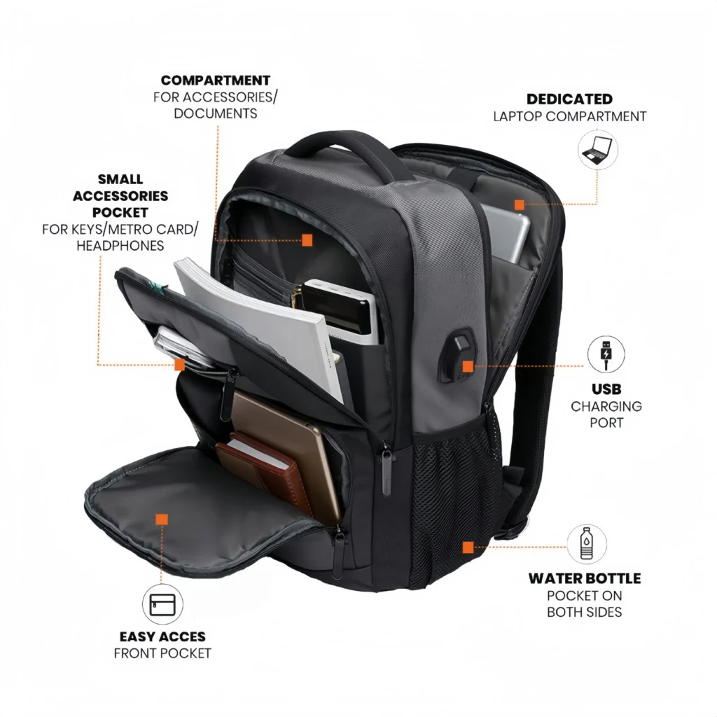 Custom backpack with customizable structure, laptop compartment and functional pockets